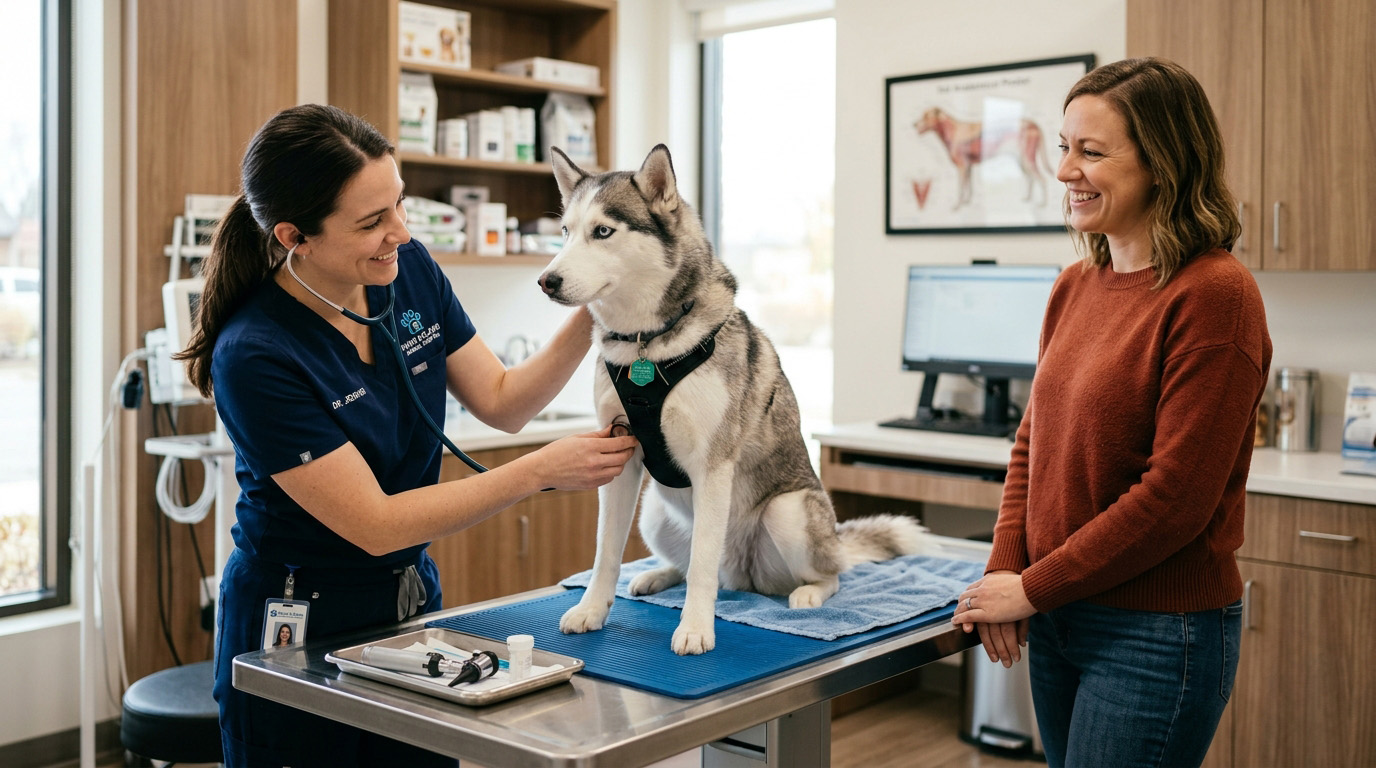 Veterinarian examing dog